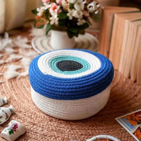 Evil Eye-Inspired Woven Cotton Storage Basket with Lid