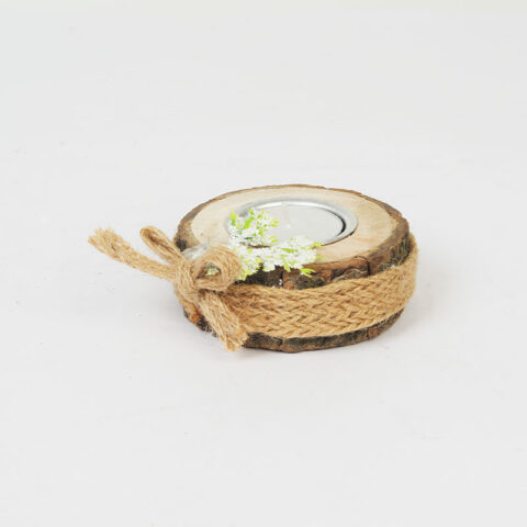 Rustic Wood Slice Tealight Holder with Jute Bow & Floral Accent