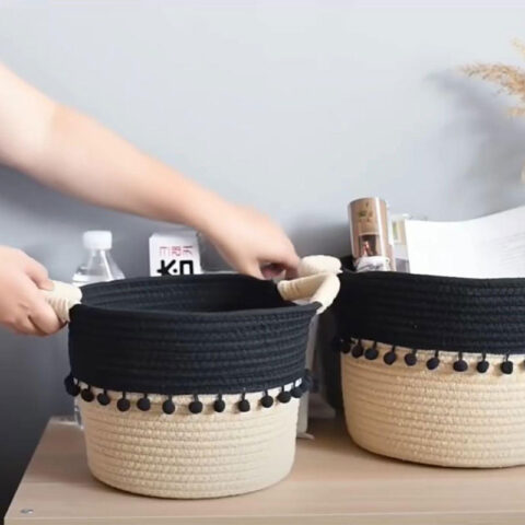 Two-Tone Woven Cotton Storage Basket with Pom-Pom Trim