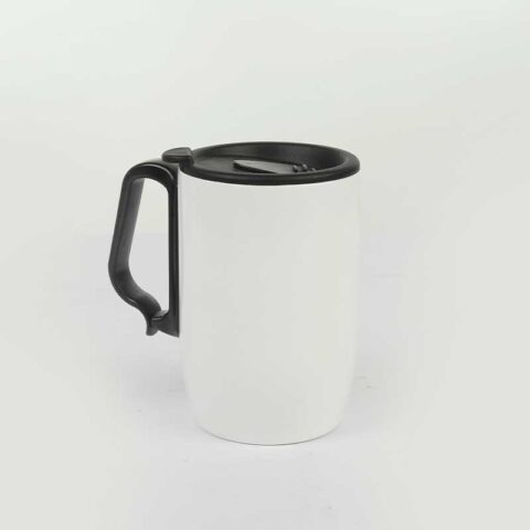 White Travel Mug with Black Lid and Handle