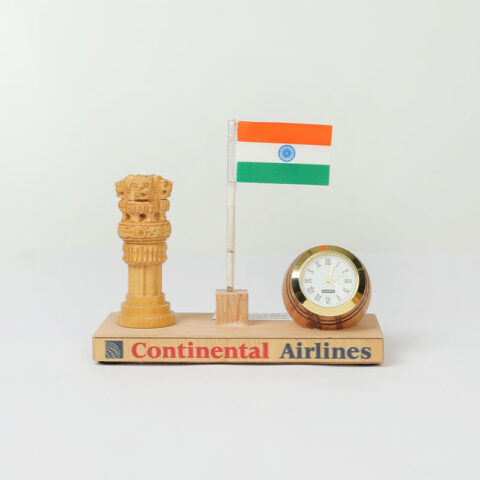 Wooden Ashok Stambh with National Flag and Table clock