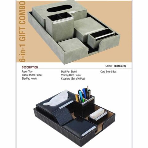 6-in-1 GIFT COMBO - Paper Tray, Tissue Paper Holder, Slip Pad Holder, Pen Stand, Visiting Card Holder, Coasters (Set of 6 Pcs)