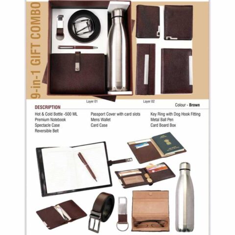 9-in-1 GIFT COMBO- Bottle, notebook, Spectacle Case, belt, Passport Cover, wallet, card case, Key Ring, pen